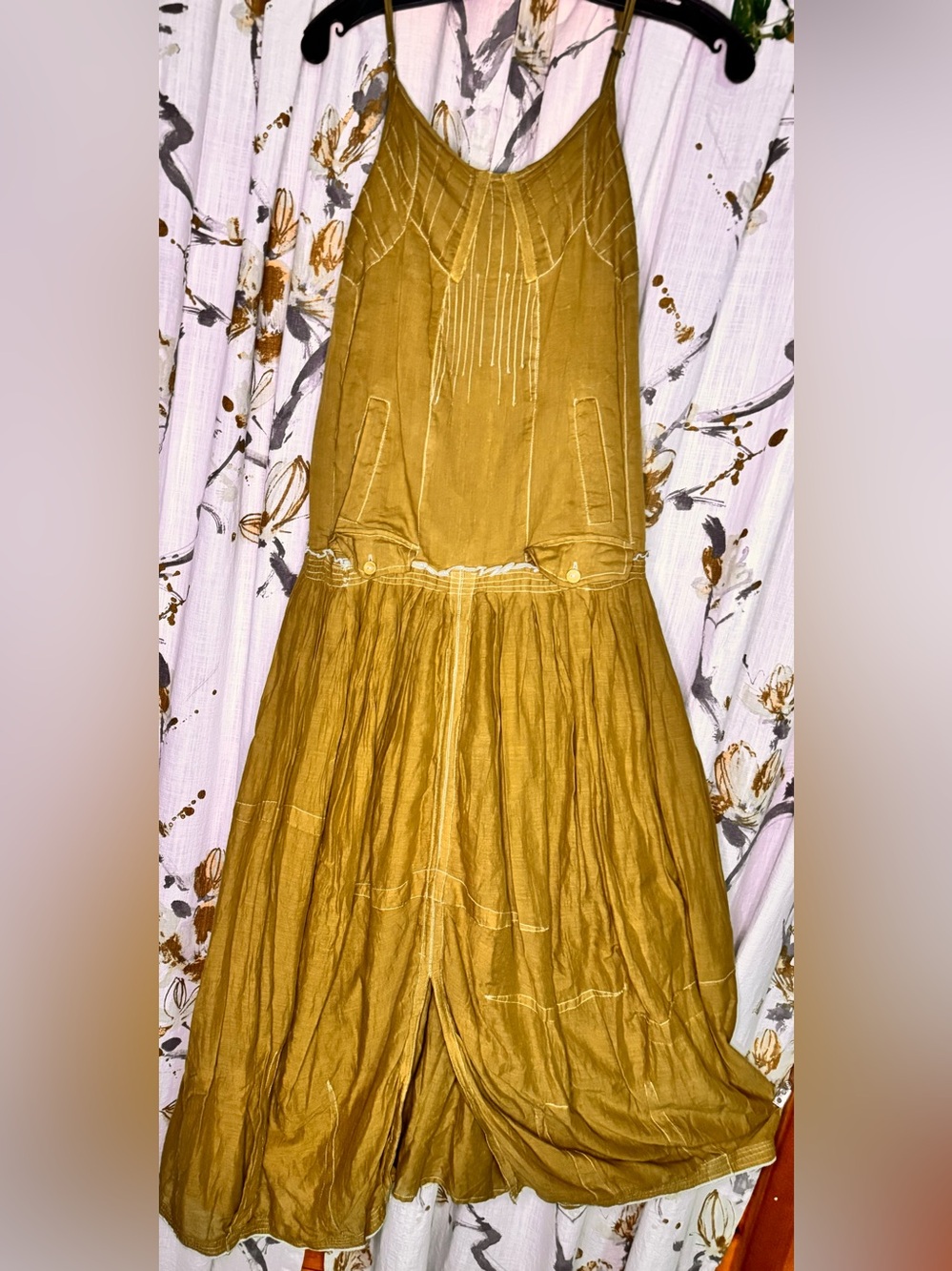 Chaudry KC Raga Beautifully Appointed Gauze Midi Dress in Olive Green